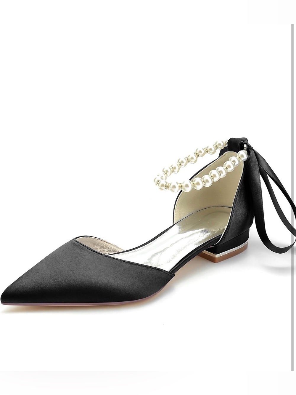 JOEupin Women Pointed Toe Pearl Wedding Flats Satin size 10 (41) black